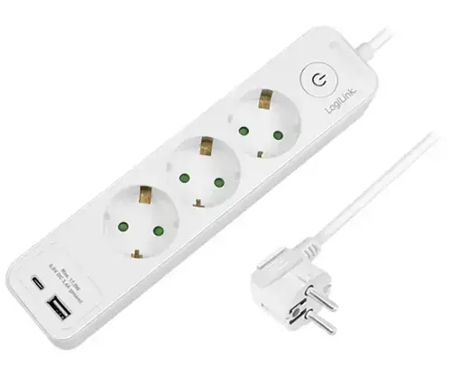 Prelungitor LogiLink LPS279U, 3 prize, USB-A x 1, USB-C x 1, 2 m (Alb)