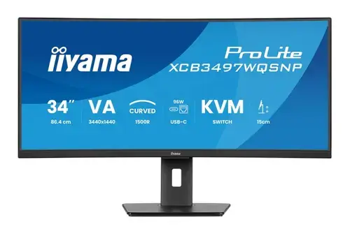 Monitor VA LED Iiyama 34inch XCB3497WQSNP-B1, WQHD (3440 x 1440), HDMI, DisplayPort, Boxe, Ecran curbat (Negru)