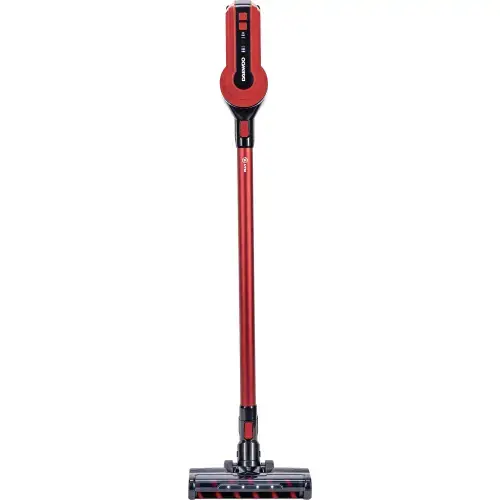 Aspirator vertical Daewoo RSH-410GR-1, 300W, motor BLDC, putere de aspirare 16.5Kpa, filtru HEPA, baterie Litiu-Ion 29.6V, autonomie 40 de minute, control pe maner, indicator de putere, perie standard, accesoriu spatii inguste (Rosu)