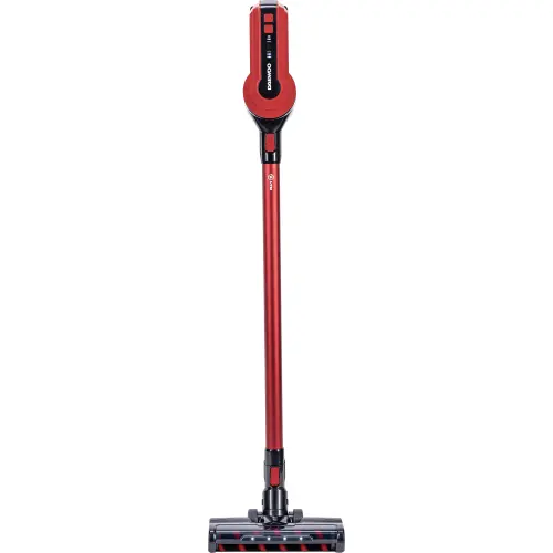 Aspirator vertical Daewoo RSH-410GR-1, 300W, motor BLDC, putere de aspirare 16.5Kpa, filtru HEPA, baterie Litiu-Ion 29.6V, autonomie 40 de minute, control pe maner, indicator de putere, perie standard, accesoriu spatii inguste (Rosu)