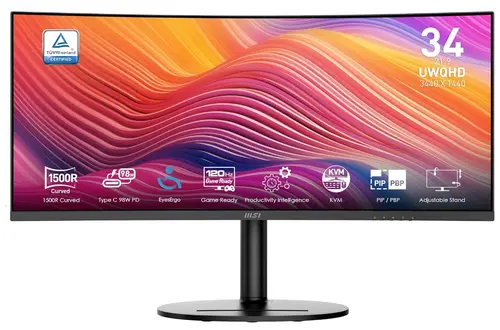 Monitor VA LED MSI 34inch Modern MD342CQP, UWQHD (3440 x 1440), HDMI, DisplayPort, Ecran curbat, Boxe, 120 Hz, 1 ms (Negru)