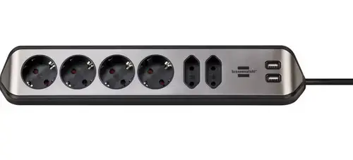 Prelungitor pentru perete/colt Brennenstuhl Estilo, 6 prize, 2xUSB, 3.1 A, cablu H05VV-F 3G1.5, 2m (Argintiu/Negru)