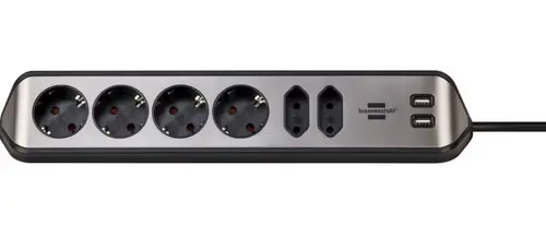 Prelungitor pentru perete/colt Brennenstuhl Estilo, 6 prize, 2xUSB, 3.1 A, cablu H05VV-F 3G1.5, 2m (Argintiu/Negru)