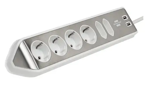 Prelungitor pentru perete/colt Brennenstuhl Estilo, 6 prize, 2xUSB, 3.1 A, cablu H05VV-F 3G1.5, 2m (Argintiu/Alb)