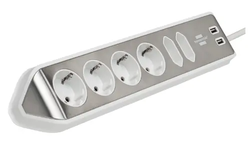 Prelungitor pentru perete/colt Brennenstuhl Estilo, 6 prize, 2xUSB, 3.1 A, cablu H05VV-F 3G1.5, 2m (Argintiu/Alb)