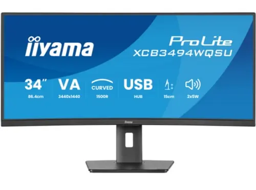 Monitor VA LED iiyama 34inch XCB3494WQSU-B1, WQHD (3440 x 1440), HDMI, DisplayPort, Ecran curbat, Boxe, 120 Hz, 0.4 ms (Negru)