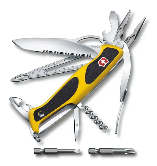 Briceag multifunctional de pescuit Victorinox Rangergrip Boatsman, 22 functii, Deshizator de catuse cu varf de marlin (Galben/Negru)