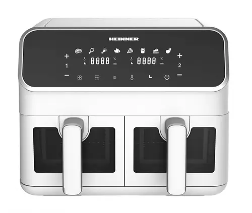 Friteuza dubla cu aer cald HEINNER HAF-H8DB17WH, 8 l, 1700 W, 8 programe, Temperatura reglabila 80-200 C, Ferestre supraveghere (Alb)