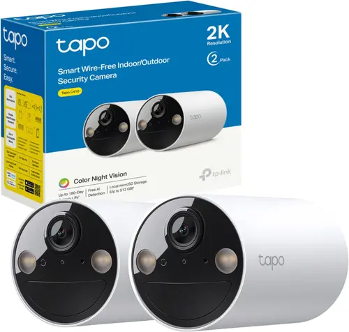 Set 2 camere de supraveghere TP-Link Tapo C410, 3MP, 2K 2304x1296, Color Night Vision, detectie smart, Two-Way Audio, alarma luminoasa si sonora, acumulator, montare fara cabluri, IP65 (Alb)