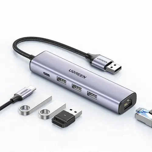 Hub USB UGREEN USB-A CM475, 3 x USB-A 3.0 - 1 x USB-C - 1 x RJ45 (Gri)