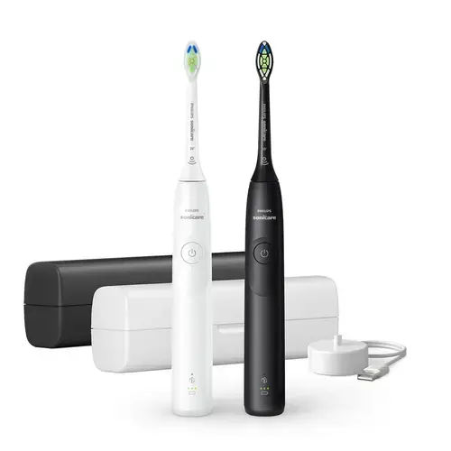 Set Periute de dinti electrice sonice Philips Seria 5300 HX7109/01, 2 viteze, 62.000 oscilatii, Temporizator, Husa calatorie (Alb/Negru)