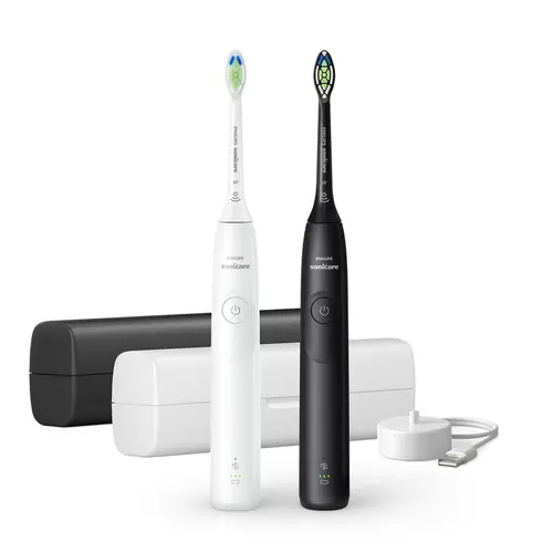 Set Periute de dinti electrice sonice Philips Seria 5300 HX7109/01, 2 viteze, 62.000 oscilatii, Temporizator, Husa calatorie (Alb/Negru)