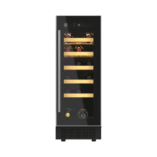 Vitrina de vinuri Hoover HWCB 30/1, Capacitate 20 sticle, O zona de racire, Rafturi lemn, Control electronic, Display, Iluminat interior LED, H 81.3 cm (Negru)