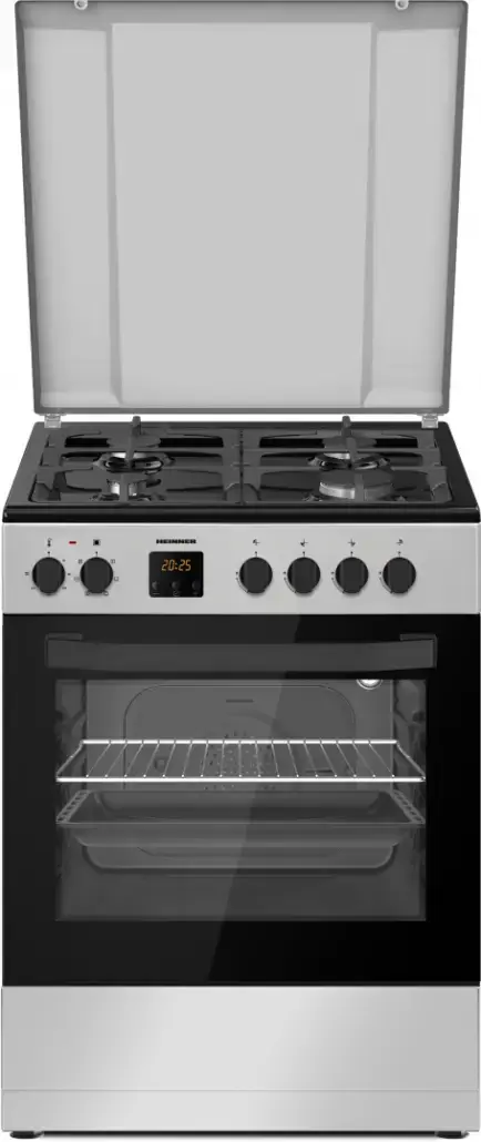 Aragaz mixt HEINNER HFSC-S66FDC-BIX, Gaz + Electric, 4 arzatoare, Clasa A, 6 functii, Grill, Autocuratare catalitica (Inox)