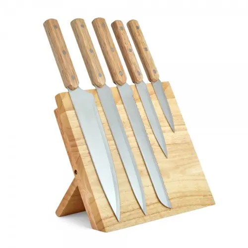 Set 5 cutite cu suport magnetic Livoo MEC136, lama inox, maner lemn (Bej)