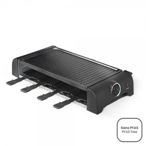 Gratar raclette pentru 8 persoane Livoo DOC312, 1300W, tava de gratar detesabila cu acoperire antiaderenta, termostat reglabil, picioare antiderapante, 8 tigai cu acoperire antiaderenta si 8 spatule (Negru)