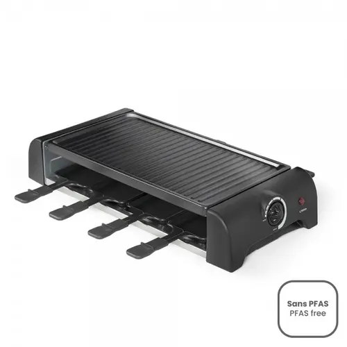Gratar raclette pentru 8 persoane Livoo DOC312, 1300W, tava de gratar detesabila cu acoperire antiaderenta, termostat reglabil, picioare antiderapante, 8 tigai cu acoperire antiaderenta si 8 spatule (Negru)