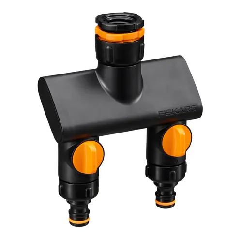 Conector robinet cu 2 cai Fiskars Comfort On/Off, 1070577, diametru conector 1/2inch, 3/4inch, 1inch (Portocaliu/Negru)