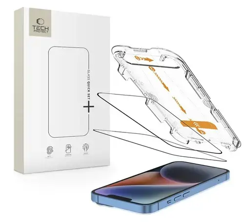 Folie de protectie Ecran Tech-Protect QUICK SET+ pentru Apple iPhone 16e / 14 / 13 Pro / 13, Sticla Securizata, Full Glue, Set 2 bucati, Cu Rama Ajutatoare, Neagra