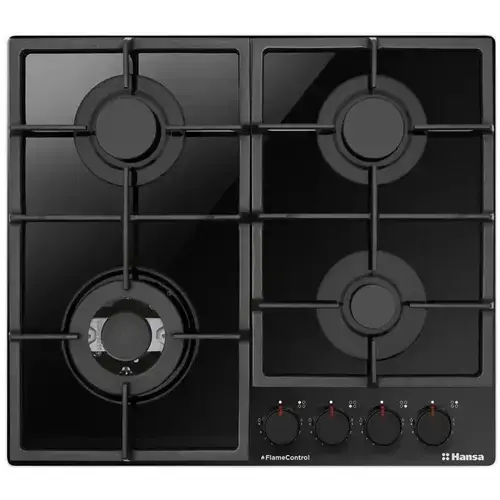 Plita pe gaz Hansa, gaz pe sticla, 60 cm, comenzi frontale, gratare de fonta, arzator WOK, flame control, 9 trepte de putere (Negru)