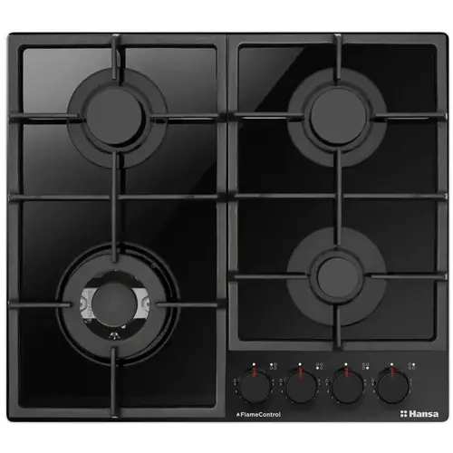 Plita pe gaz Hansa, gaz pe sticla, 60 cm, comenzi frontale, gratare de fonta, arzator WOK, flame control, 9 trepte de putere (Negru)