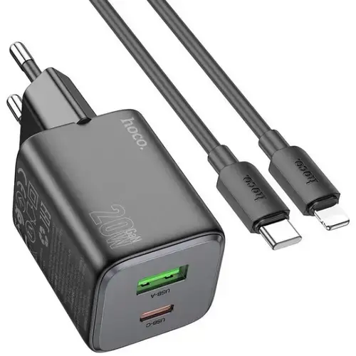 Incarcator Retea HOCO N41, 20 W, 3 A, USB-A, USB-C, cablu Lightning (Negru)