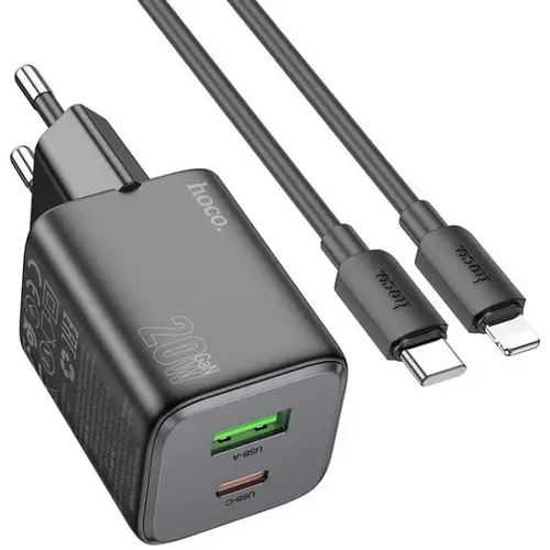 Incarcator Retea HOCO N41, 20 W, 3 A, USB-A, USB-C, cablu Lightning (Negru)
