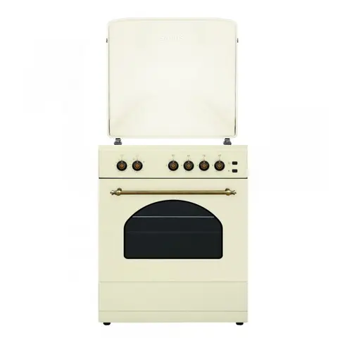 Aragaz rustic Samus SR660S4C1, Gaz, 3 arzatoare + 1 arzator WOK, Aprindere electrica plita, Gratare fonta, 55 l, Lumina cuptor, Timer (Bej)