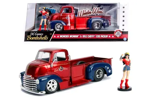 Masinuta cu figurina Bombshells 1952 Chevy Coe Pickup, Wonder Woman (Rosu/Albastru)