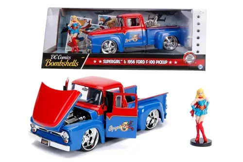 Masinuta cu figurina - Bombshells 1956 Ford F-100 Pickup, Super Girl (Albastru/Rosu)