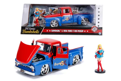Masinuta cu figurina - Bombshells 1956 Ford F-100 Pickup, Super Girl (Albastru/Rosu)