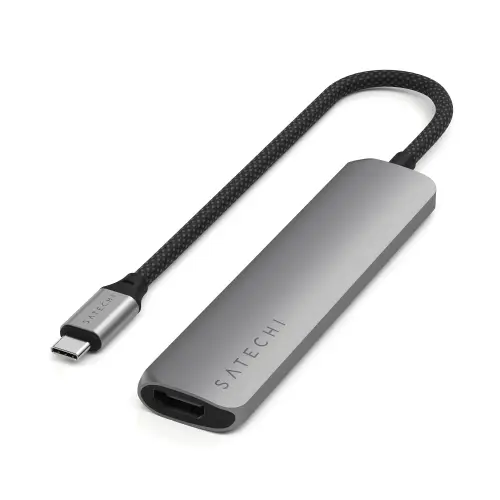Adaptor Satechi 6-in-1 USB-C Slim Multiport, Hub, Docking Sation, 4K HDMI, USB-A 3.2, USB-C, micro/SD (Gri)