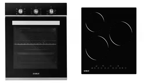 Pachet Samus 45-B18 Cuptor incorporabil Samus SC457GTBV, 43 L, 1900 W, 6 functii, Ventilator, Grill + Plita incorporabila vitroceramica Samus PSVE-43BG2, 4800 W, 3 zone de gatit (Negru/Inox)