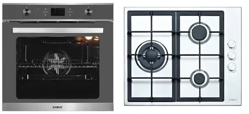 Pachet Samus V5 Cuptor incorporabil Samus SC626GDX9 GRAY, Electric, 75 L, Ventilator cu aer cald, 9 functii de preparare + Plita incorporabila Samus PSG-63SX1, Gaz, 3 arzatoare, Arzator Wok, Aprindere electrica (Inox)