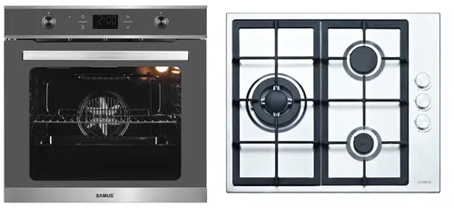 Pachet Samus V5 Cuptor incorporabil Samus SC626GDX9 GRAY, Electric, 75 L, Ventilator cu aer cald, 9 functii de preparare + Plita incorporabila Samus PSG-63SX1, Gaz, 3 arzatoare, Arzator Wok, Aprindere electrica (Inox)