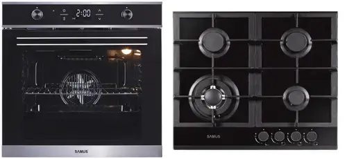 Pachet Sasmus B11 Cuptor incorporabil Samus SC626GDX9, Electric, 75 L, 9 functii + Plita incorporabila Samus PSG-64SG1, Gaz, 4 arzatoare, Arzator WOK, Aprindere electrica (Negru/Inox)