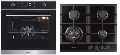 Pachet Sasmus B11 Cuptor incorporabil Samus SC626GDX9, Electric, 75 L, 9 functii + Plita incorporabila Samus PSG-64SG1, Gaz, 4 arzatoare, Arzator WOK, Aprindere electrica (Negru/Inox)