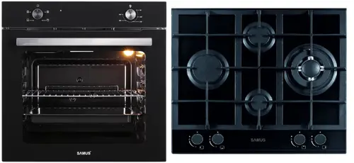 Pachet Samus B15 Cuptor incorporabil Samus SC621G4, Electric, 81 L, 4 functii + Plita incorporabila Samus PSG-64SG2, Gaz, 4 arzatoare, Arzător WOK, Aprindere electrica (Negru)