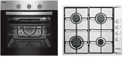 Pachet Samus V4 Cuptor incorporabil Samus SC616GTXV, Electric, 56 L, 5 functii + Plita incorporabila Samus PSG-64SX, 4 Arzatoare, Gaz, Sistem de siguranta (Negru/Inox)