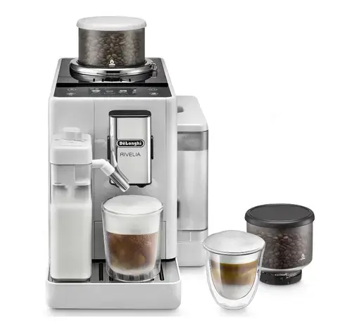 Espressor automat De'Longhi Rivelia EXAM440.55.W, 1450 W, 19 bar, 1.4 l, Recipient boabe 2 x 250 g, Display tactil TFT 3.5inch, Tehnologia LatteCrema (Alb)