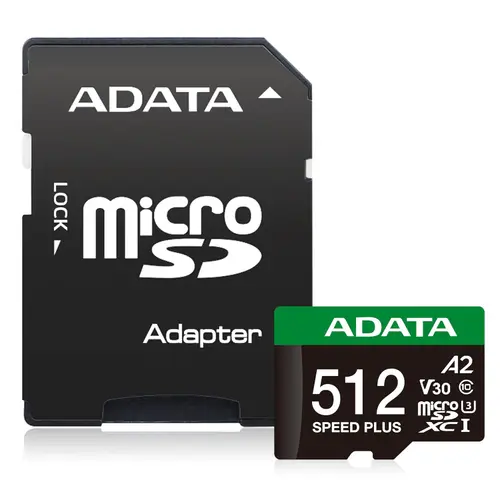 Card memorie ADATA SPEED PLUS, 512GB, microSDXC, UHS-I U3, V30, A2, 180/160 MB/s + Adaptor SD inclus