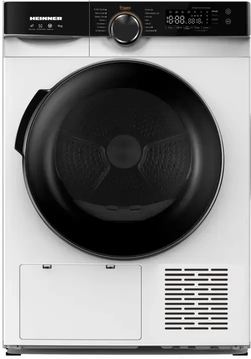 Uscator de rufe cu pompa de caldura Heinner HHPD-M8K3A++, 8 kg, Clasa A++, 14 programe uscare, Display LED, Start intarziat, Anti-sifonare, Lumina cuva, Selector nivel uscare (Alb)