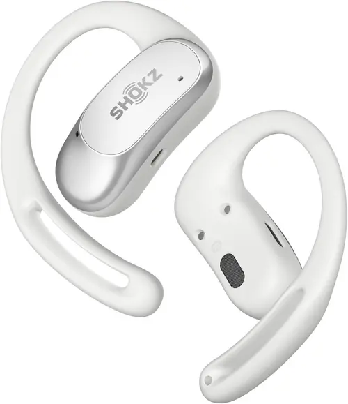 Casti alergare wireless Shokz OpenFit Air, Technologie DirectPitch™, Autonomie 6/28 ore, IP54 (Alb)