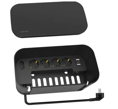 Prelungitor Logilink LPS282U, 5 prize, cutie management cabluri, 2 x USB-A, 1 x USB-C, 1.5m (Negru)