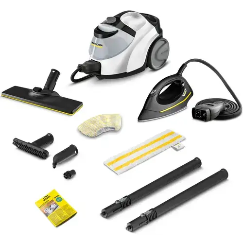 Aparat de curatat cu abur multifunctional Karcher SC 5 EasyFix Iron EU, 1.512-661.0, 2250 W, 4.2Bar, 1,5 L, incalzire 3 min, contine laveta universala EasyFix Alb, pudra detartranta, Fier de calcat sub presiune EasyFinish,(Alb/Negru)
