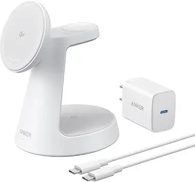 Incarcator wireless magnetic Anker MagGo 3-in-1 MagSafe Qi2 15 W, incarcator si cablu inclus (Alb)