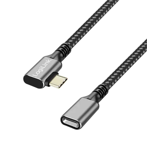 Cablu alimentare si date LOGILINK CUA0110,  USB Gen Type-C (T) la USB Type-C (M) la 90 grade, 0.5m, PD 100W, 2 x ecranat, aluminiu, braiding, Negru