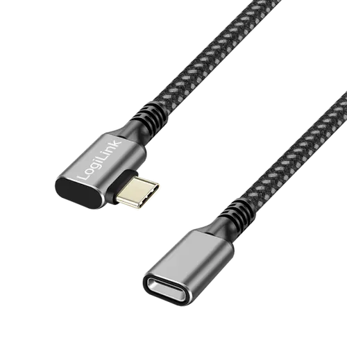 Cablu alimentare si date LOGILINK CUA0110,  USB Gen Type-C (T) la USB Type-C (M) la 90 grade, 0.5m, PD 100W, 2 x ecranat, aluminiu, braiding, Negru