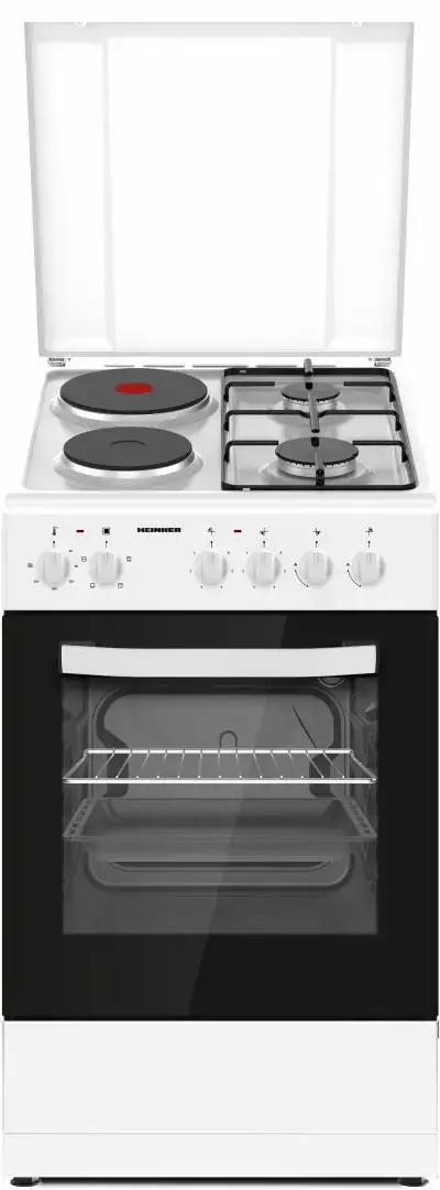 Aragaz mixt HEINNER HFSC-S56E2HSWH, 2 arzatoare gaz + 2 plite electrice, Aprindere electrica arzatoare, Cuptor electric, Clasa A, Grill, 50x60 cm (Alb)