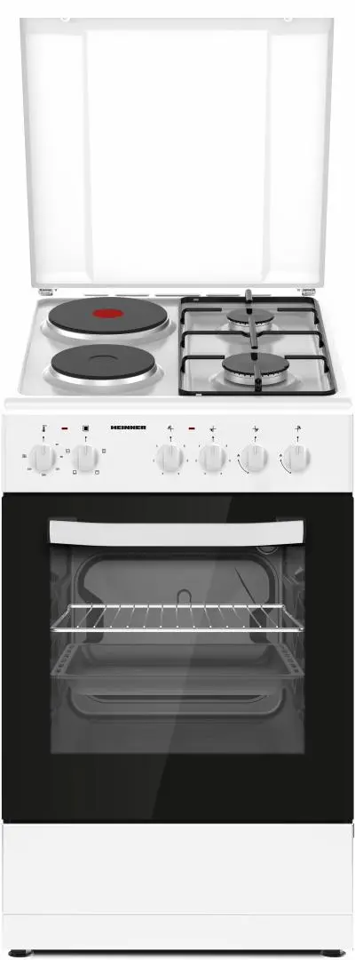 Aragaz mixt HEINNER HFSC-S56E2HSWH, 2 arzatoare gaz + 2 plite electrice, Aprindere electrica arzatoare, Cuptor electric, Clasa A, Grill, 50x60 cm (Alb)